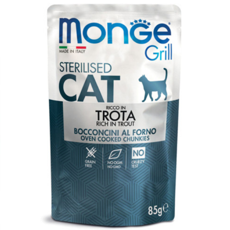 Monge Grill Sterilised с пъстърва – пауч с хапки в желе – за кастрирани котки в зряла възраст, 85гр