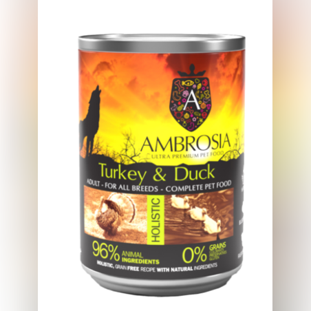 Ambrosia здравословна храна за кучета над 12 месечна възраст от всички породи с Пуйка и Патица 400гр.