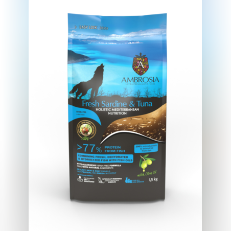 Ambrosia• Аll breeds adult •Ultra premium за кучета от всички породи над 12 месечна възраст с Прясна сардина и риба тон 5кг.