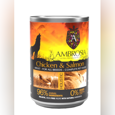 Ambrosia здравословна храна за кучета над 12 месечна възраст от всички породи с Пиле и сьомга 400гр.