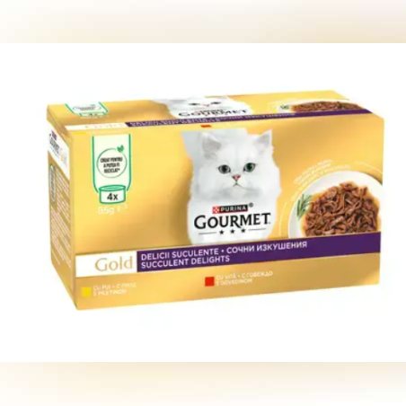 PURINA GOURMET GOLD, Сочни изкушения с говеждо и с пиле, мокра храна за котки 4х85г