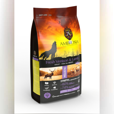 Ambrosia All breeds adult Ultra premium Прясно еленско и агнешко месо от всички породи над 12 месечна възраст 12 кг.