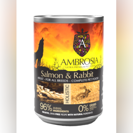 Ambrosia здравословна храна за кучета над 12 месечна възраст от всички породи със Сьомга и Заек 400гр.