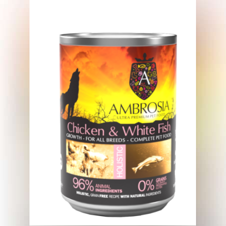 Ambrosia здравословна храна за бебета кучета от всички породи с Пиле и Бяла Риба 400гр.