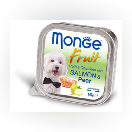 MONGE FRUIT Paté & Chunkies Salmon & Pear – Пастет и хапки със сьомга и круши, 100gr