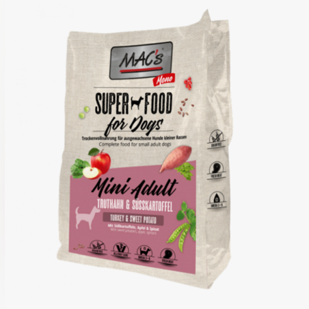 Mac's Monoprotein Mini Adult суха храна с прясно пуешко и сладък картоф за дребни и мини породи с чувствителен стомах 750gr