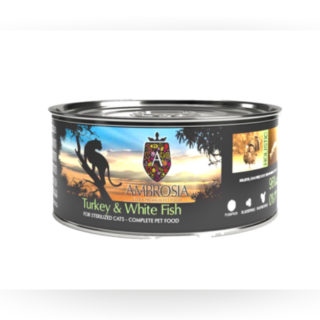 Ambrosia здравословна храна за за кастрирани , възрастни и котки с наднормено тегло с Пуйка и Бяла риба 150гр.