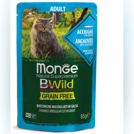 Monge BWILD Grain Free Adult с аншоа и зеленчуци – пауч с хапки в сос, без зърнени храни – за котки в зряла възраст. 85гр