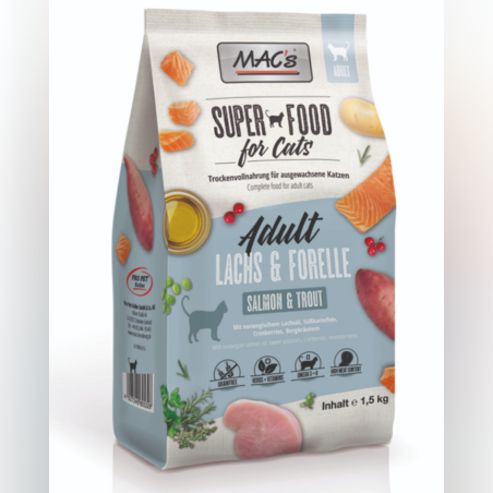 Mac's Cat Adult суха храна със сьомга и пъстърва за израстнали котки, 1.5kg