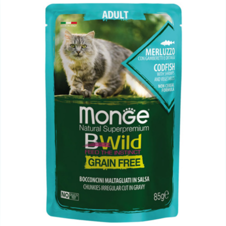 Monge BWILD Grain Free Adult с риба треска, скариди и зеленчуци – пауч с хапки в сос, без зърнени храни – за котки в зряла възраст, 85гр