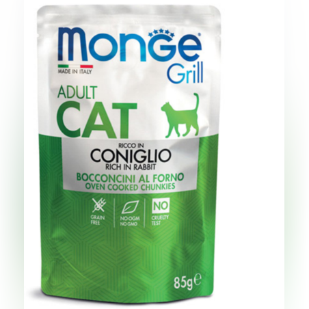 Monge Grill Adult със заешко – пауч с хапки в желе – за котки в зряла възраст, 85гр
