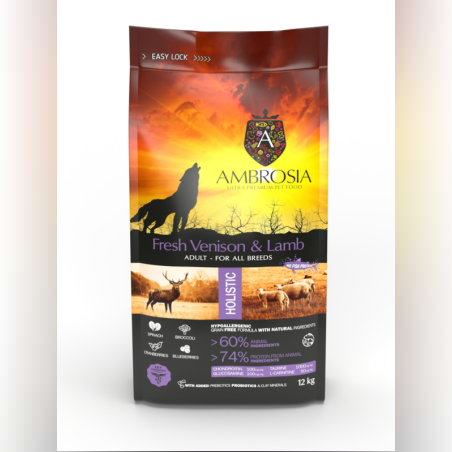 Ambrosia All breeds adult Ultra premium Прясно еленско и агнешко месо от всички породи над 12 месечна възраст 2 кг.