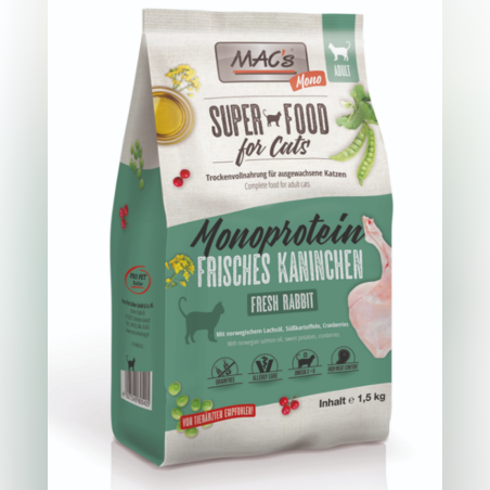Mac's Monoprotein Adult монопротеинна суха храна със заешко, грах и боровинки за капризни, чувствителни или алергични котки, 1.5kg
