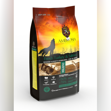 Ambrosia• Аll breeds adult •Ultra premium • sterilized ,senior,light за кучета възрастни и стерилизирани от всички породи с Прясна пуйка и сьомга 12кг.
