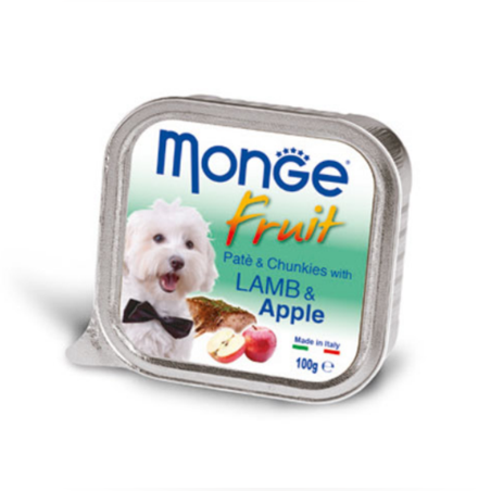 MONGE FRUIT Paté & Chunkies Lamb & Apple – Пастет и хапки с агнешко и ябълки, 100gr