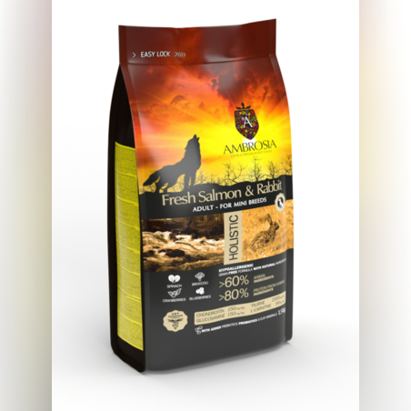 Ambrosia• Mini adult• Ultra premium за кучета от малки породи над 12 месечна възраст със Прясна сьомга и заек