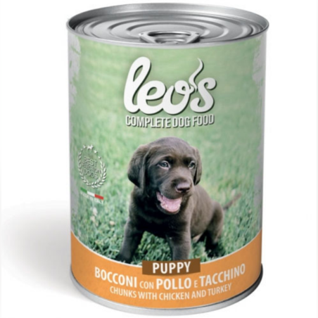 Leo’s Puppy с пилешко и пуешко – консерва хапки в сос – за подрастващи кученца, 415 гр