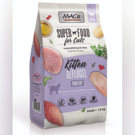 Mac's Kitten суха храна с пилешко, скариди и норвежка сьомга за подрастващи котки, 1.5kg