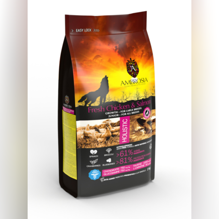 Ambrosia• Large puppy•Ultra premium от големи породи до 12 месечна възраст с Прясно пиле и сьомга12кг.