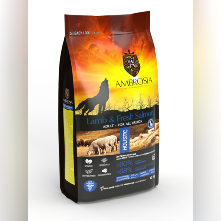 Ambrosia• Аll breeds adult •Ultra premium за кучета от всички породи над 12 месечна възраст с Агнешко и прясна сьомга 12 кг.