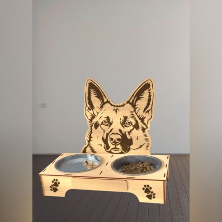 Дървена стойка с купички за домашен любимец