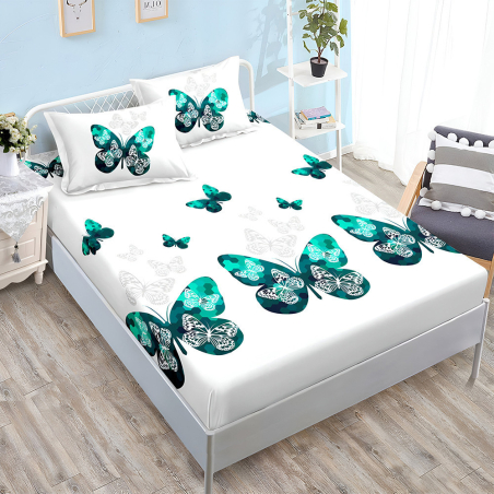 Спален комплект от 3 части с ластик - Зелени пеперуди