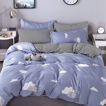 Двулицев спален комплект от 4 части с ластик (за приста) - Облаци