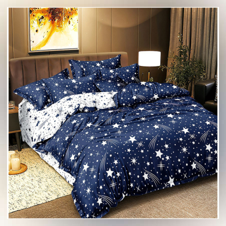 Двулицев спален комплект от 4 части без ластик - Сини звезди