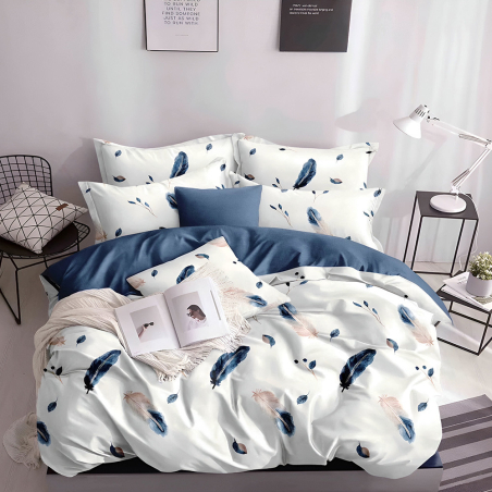 Двулицев спален комплект от 4 части с ластик (за приста) - Синьо с пера
