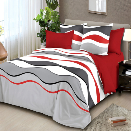 Двулицев спален комплект от 6 части с ластик - Червено и сиво