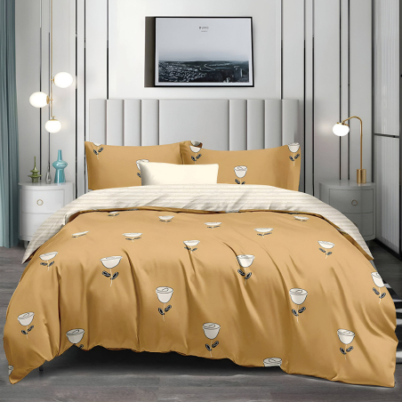 Двулицев спален комплект от 4 части без ластик (за приста) - Горчица