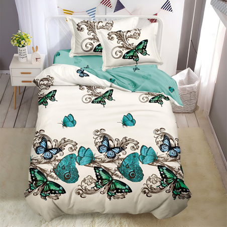 Двулицев спален комплект от 4 части без ластик (за приста) - Ментови пеперуди