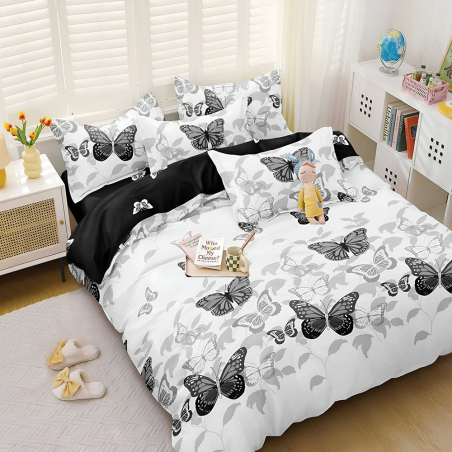 Двулицев спален комплект от 4 части с ластик - Черни пеперуди