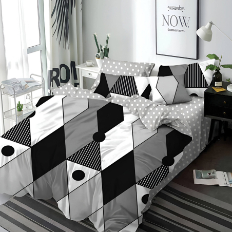 Двулицев спален комплект от 6 части без ластик - Черно и бяло