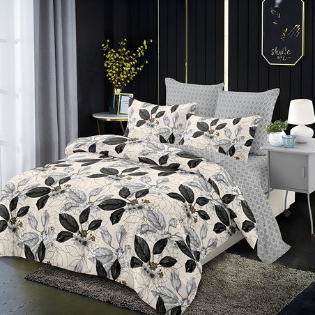 Двулицев спален комплект от 6 части без ластик - Черни листа