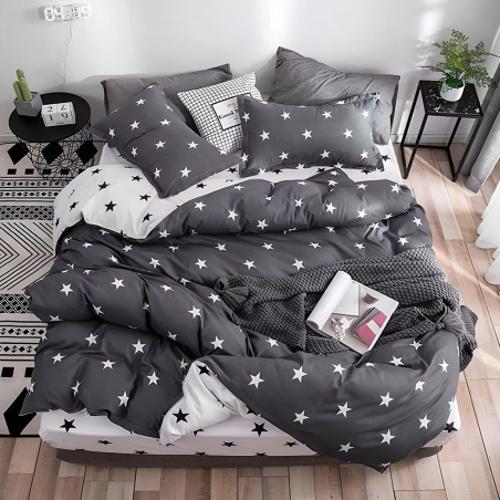 Двулицев спален комплект от 4 части с ластик - Звезди