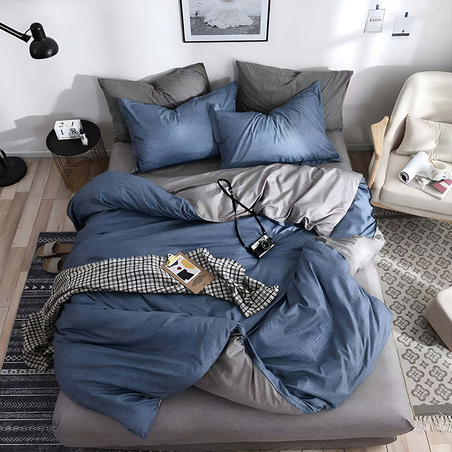 Двулицев спален комплект от 4 части с ластик - Сиво и синьо