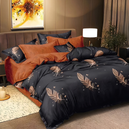 Двулицев спален комплект от 4 части с ластик (за приста) - Оранжеви пера