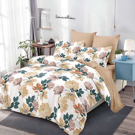 Двулицев спален комплект от 6 части без ластик - Кремави цветя