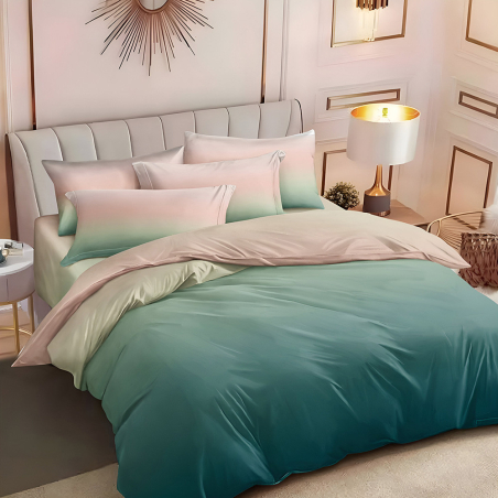 Двулицев спален комплект от 6 части с ластик - Преливащ зелен