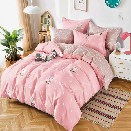 Двулицев спален комплект от 6 части без ластик - Розови цветя