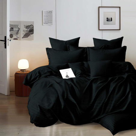 Едноцветен спален комплект от 6 части с ластик - Черен