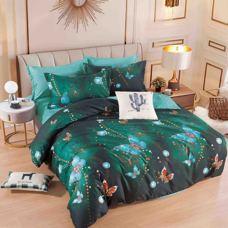 Двулицев спален комплект от 4 части без ластик (за приста) - Тъмнозелени пеперуди