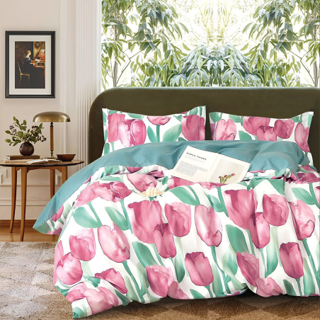 Двулицев спален комплект от 4 части без ластик (за приста) - Горско лале