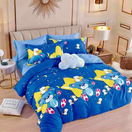 Двулицев спален комплект от 4 части без ластик (за приста) - Синьо мече