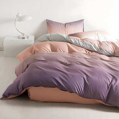 Двулицев спален комплект от 4 части с ластик (за приста) - Преливащ розов