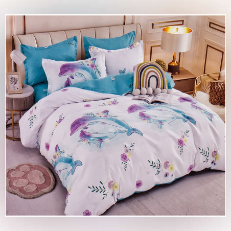 Двулицев спален комплект от 4 части без ластик (за приста) - Делфини