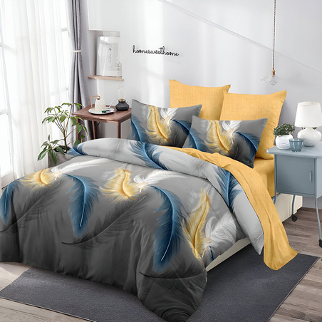 Двулицев спален комплект от 6 части без ластик - Жълти пера