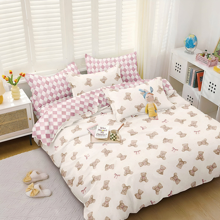 Двулицев спален комплект от 4 части без ластик - Розови мечета