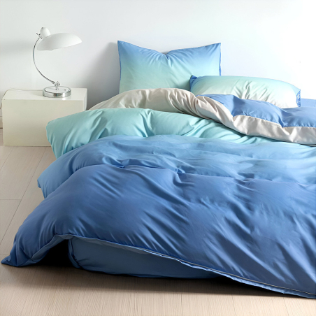 Двулицев спален комплект от 4 части с ластик (за приста) - Преливащ син